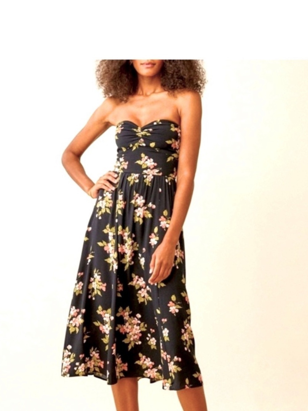 NWT Reformation Aymeline Black Floral Strapless Midi Dress-Daphne
